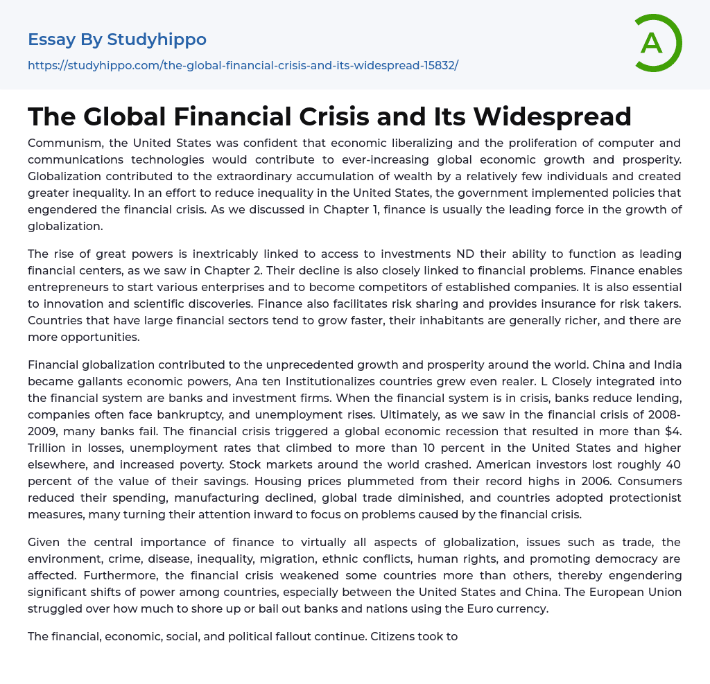 The Global Financial Crisis and Its Widespread Essay Example