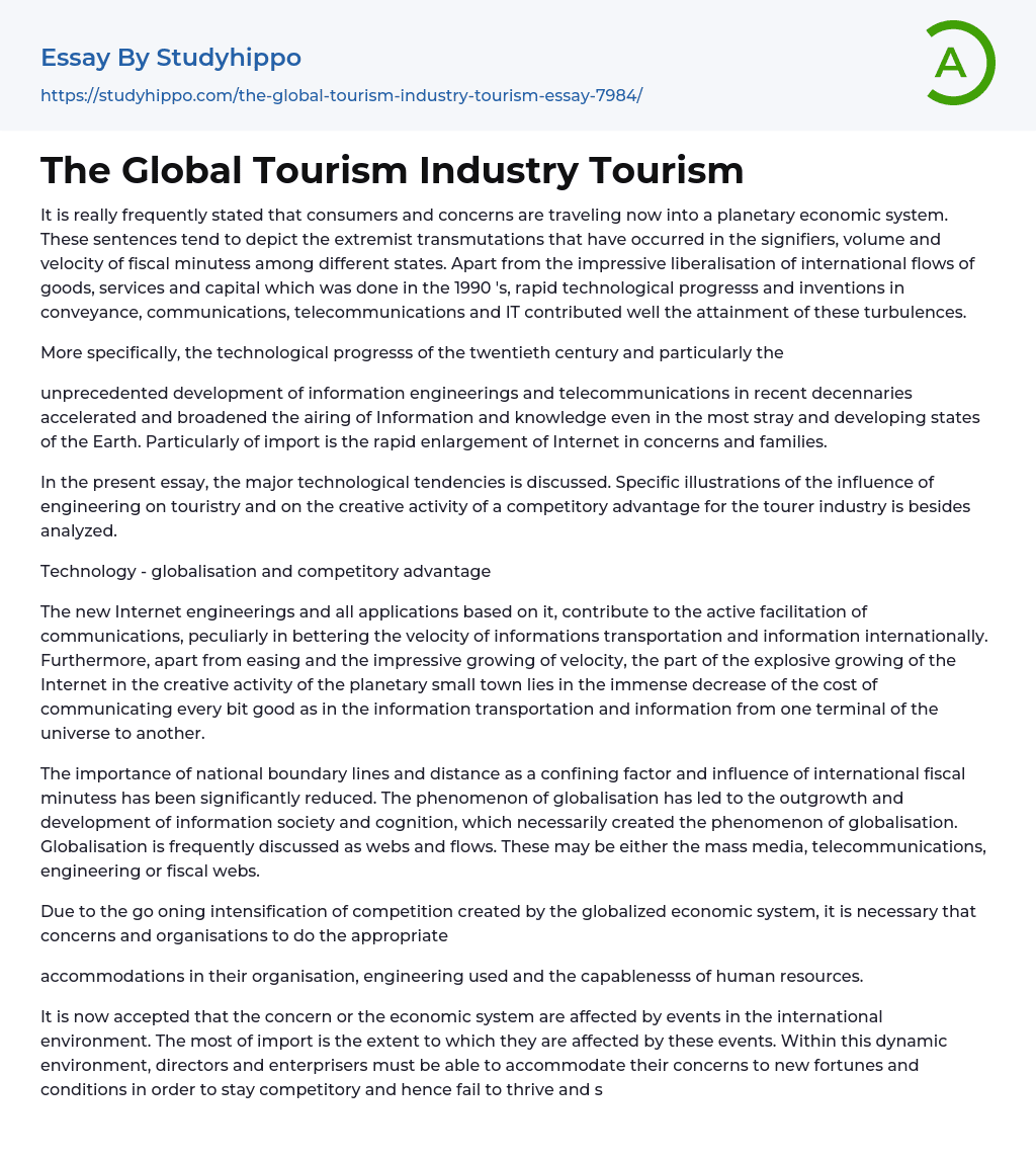The Global Tourism Industry Tourism Essay Example