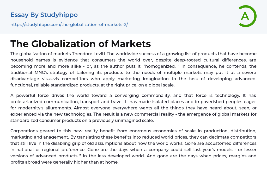 The Globalization of Markets Essay Example