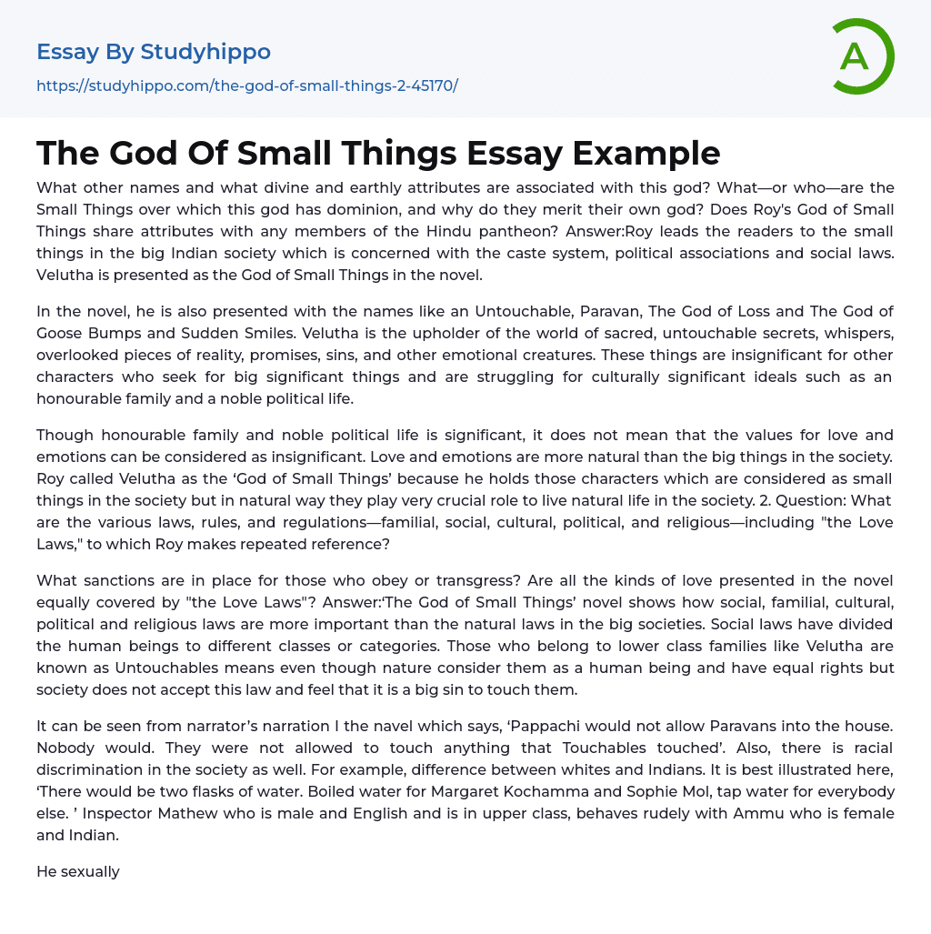 The God Of Small Things Essay Example