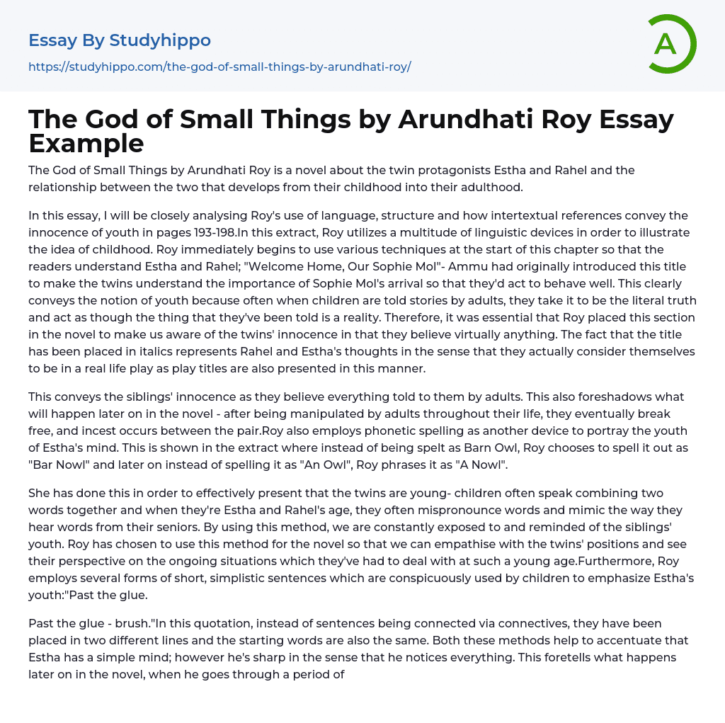 The God of Small Things by Arundhati Roy Essay Example