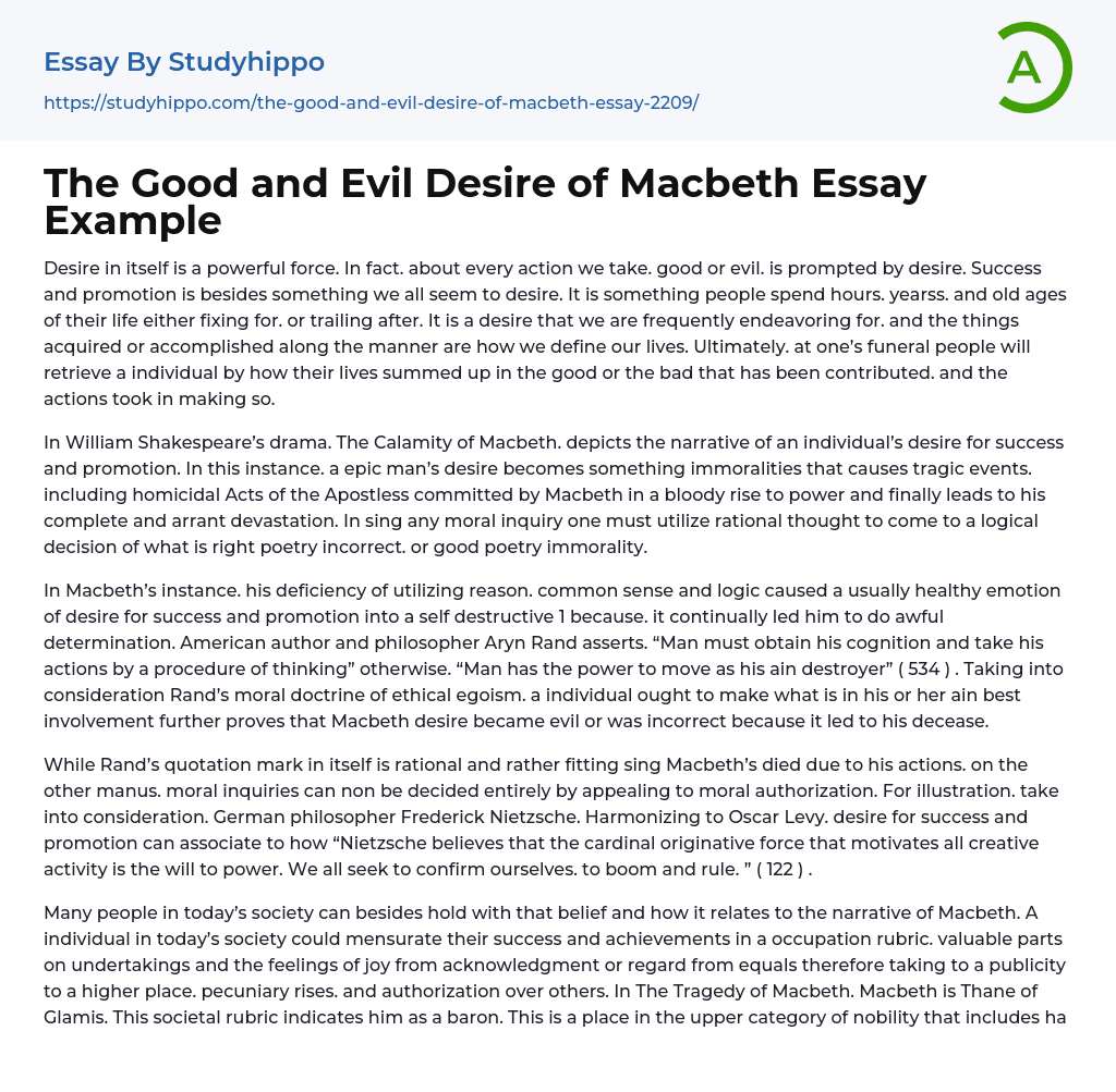The Good and Evil Desire of Macbeth Essay Example