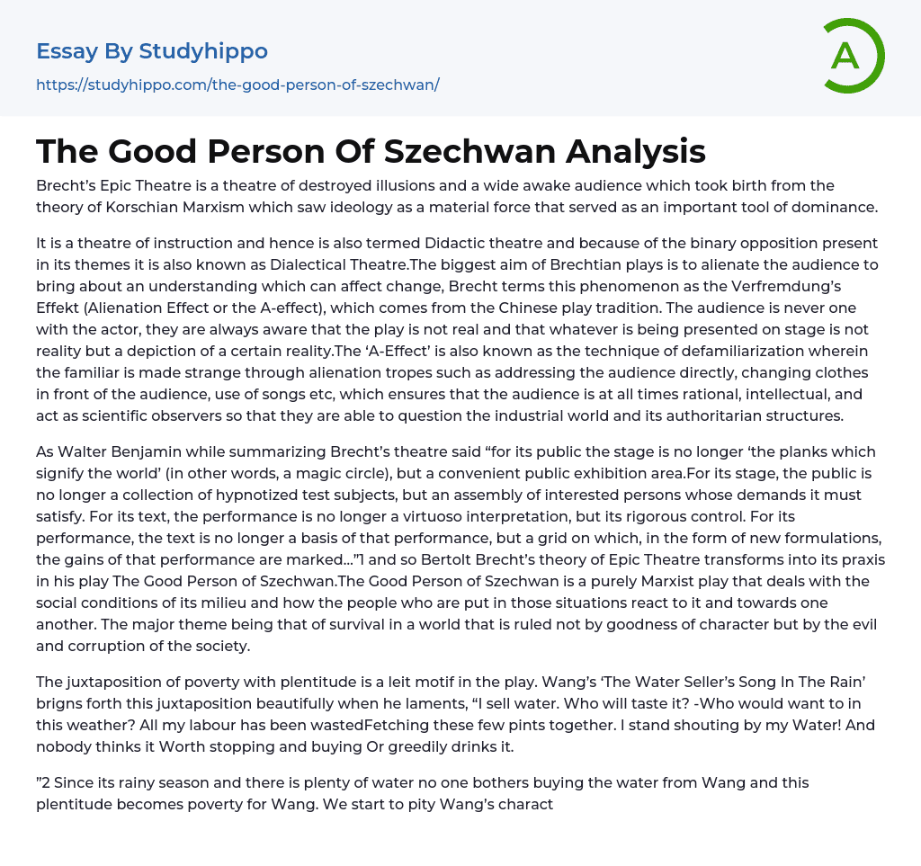 The Good Person Of Szechwan Analysis Essay Example