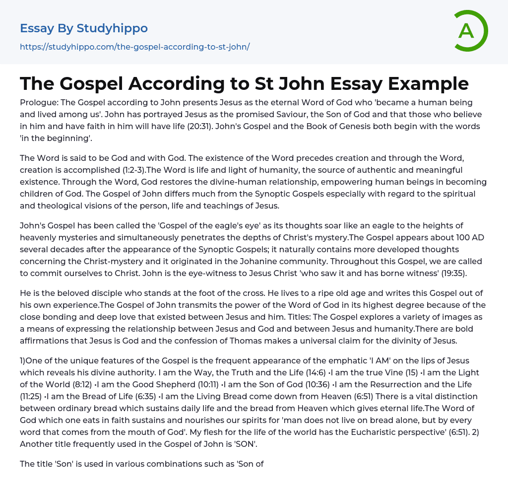 The Gospel According to St John Essay Example