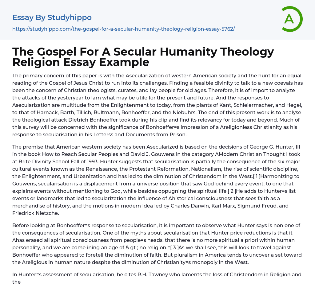 The Gospel For A Secular Humanity Theology Religion Essay Example