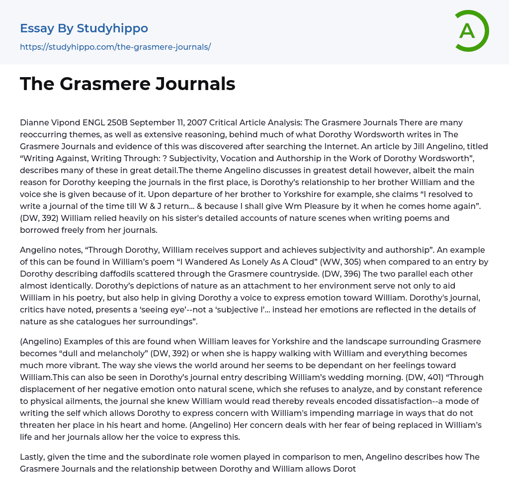 Critical Article Analysis: The Grasmere Journals Essay Example