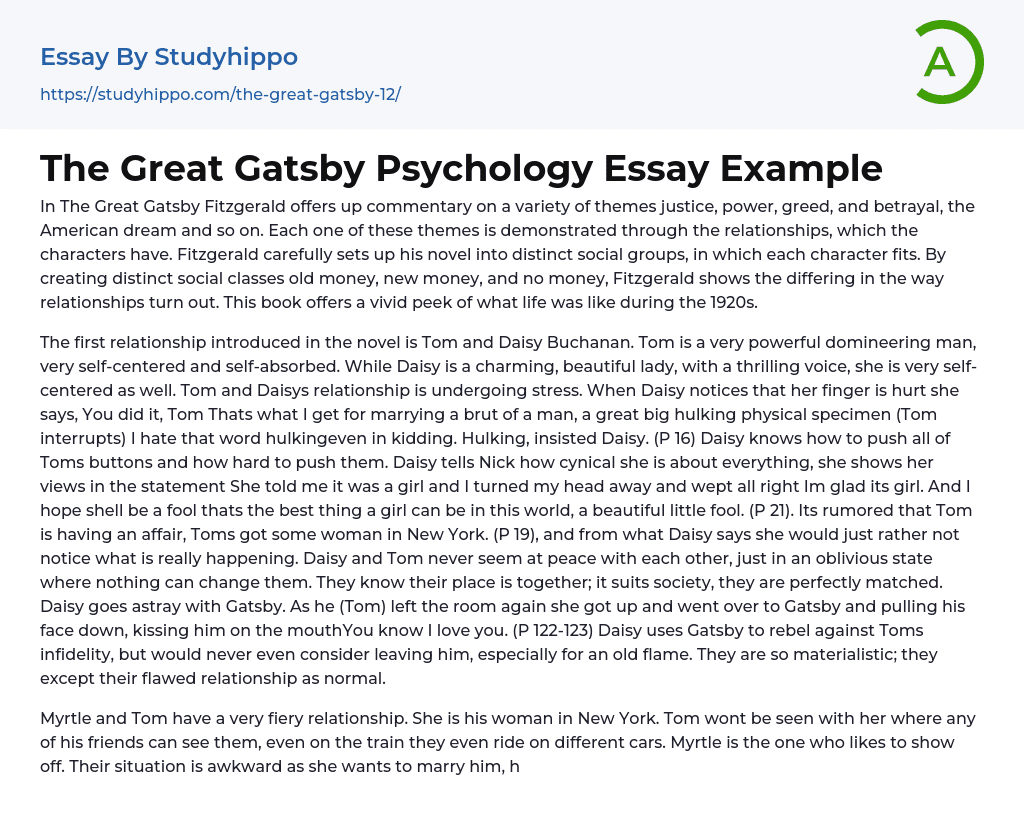 The Great Gatsby Psychology Essay Example