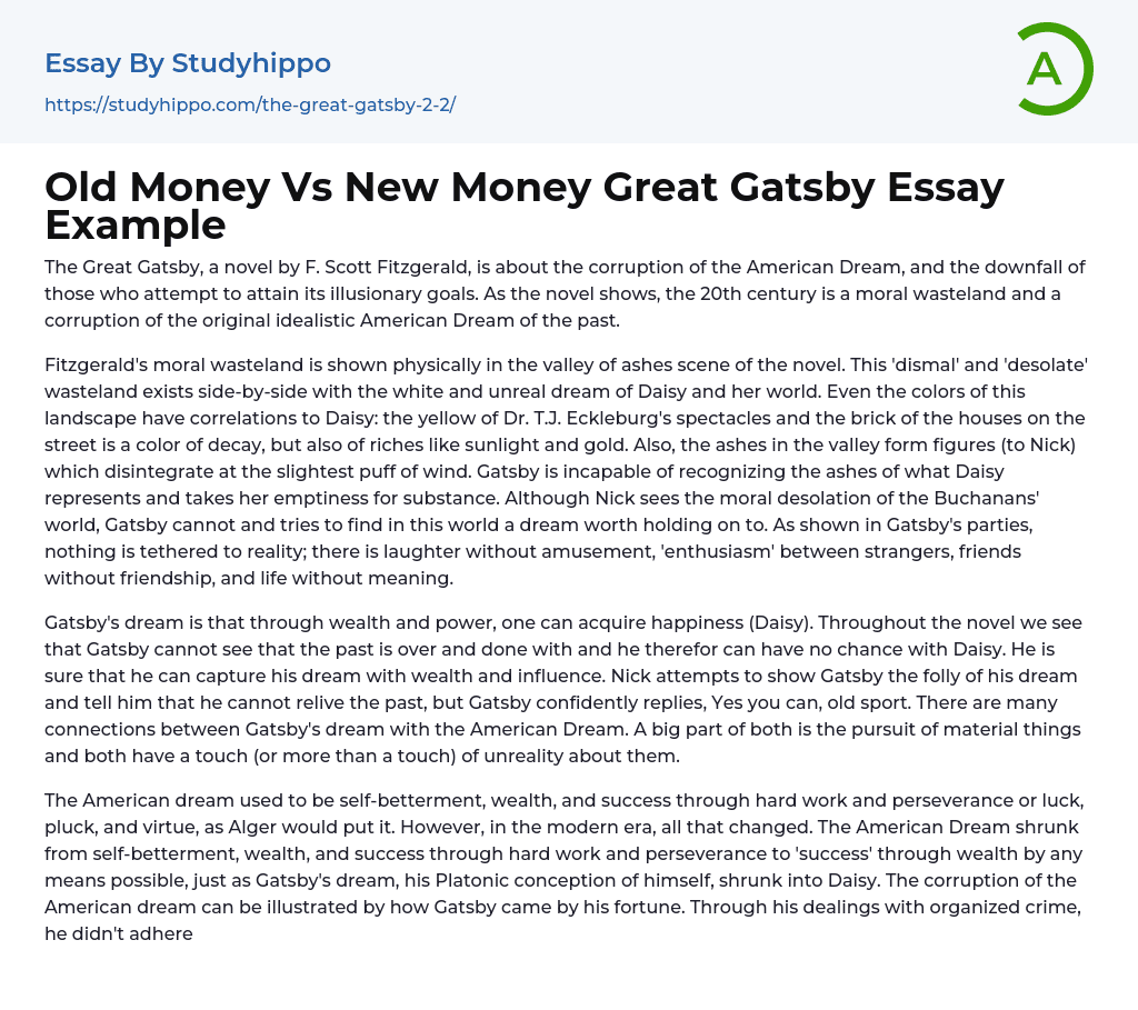 Old Money Vs New Money Great Gatsby Essay Example