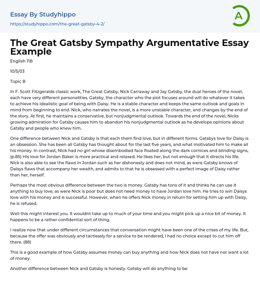 “The Great Gatsby” Sympathy Argumentative Essay Example