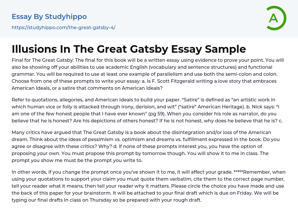 Illusions In The Great Gatsby Essay Sample