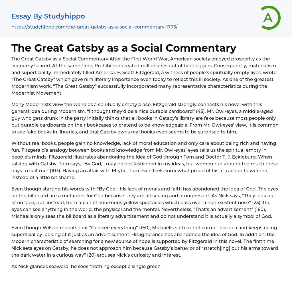 The Great Gatsby as a Social Commentary Essay Example