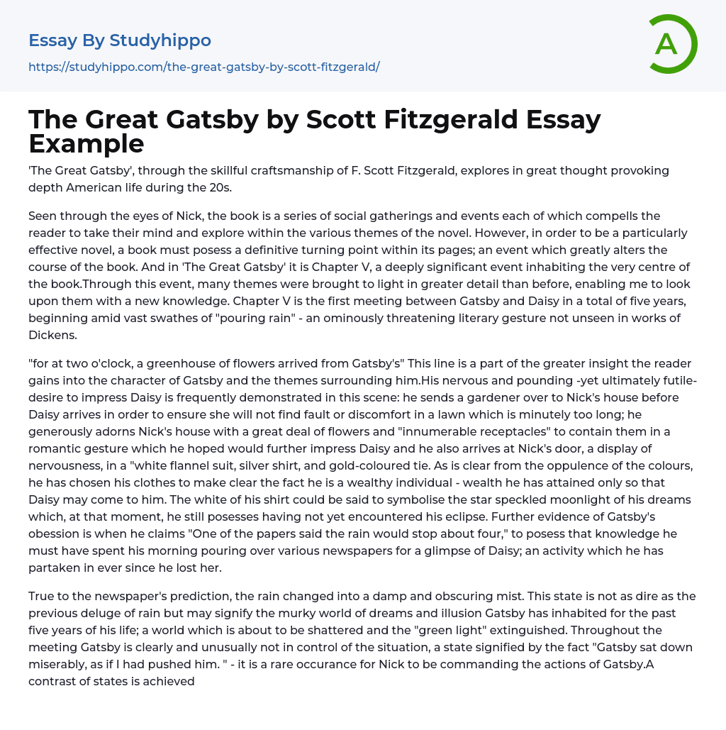 The Great Gatsby by Scott Fitzgerald Essay Example