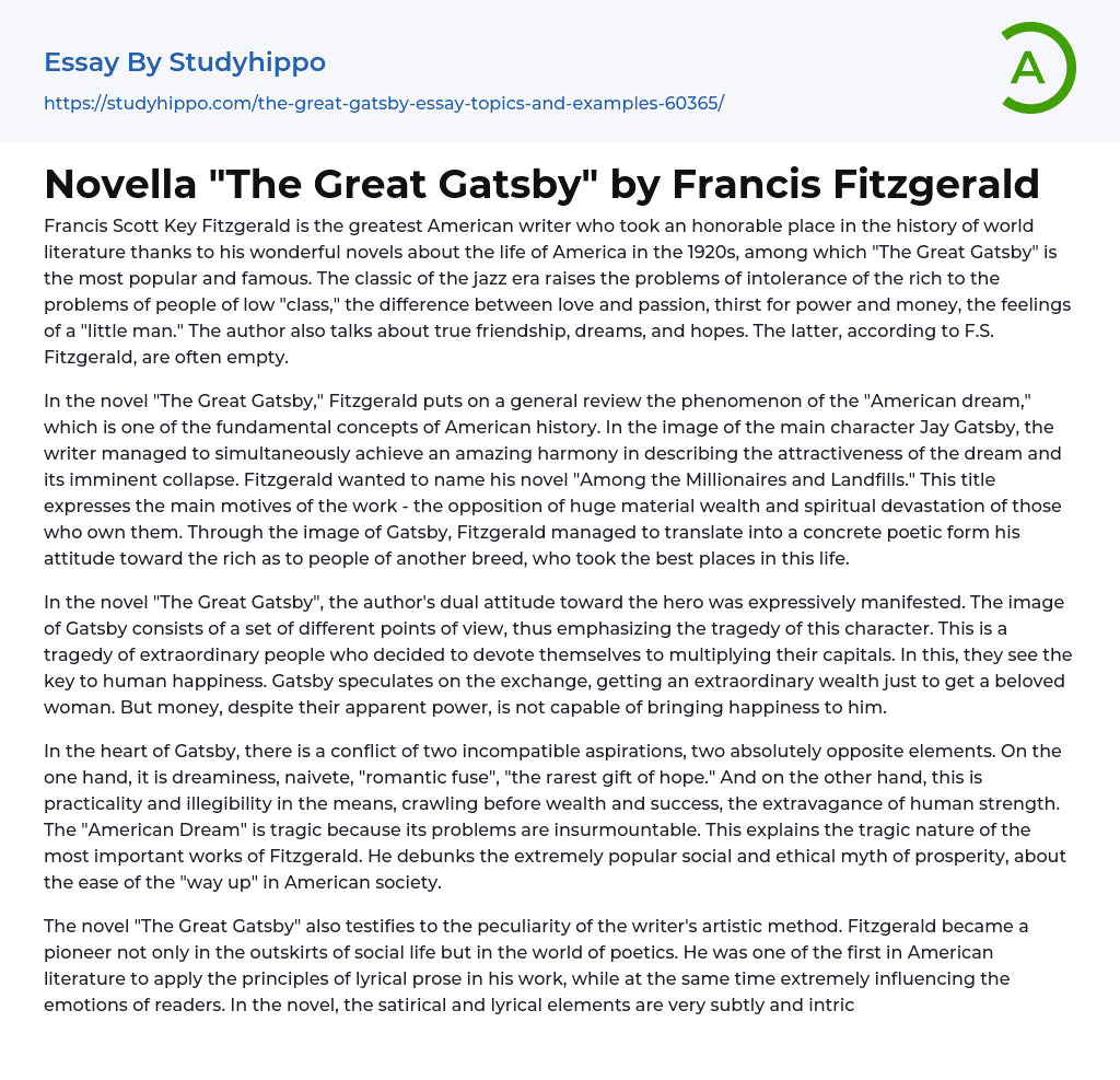 Novella “The Great Gatsby” by Francis Fitzgerald Essay Example