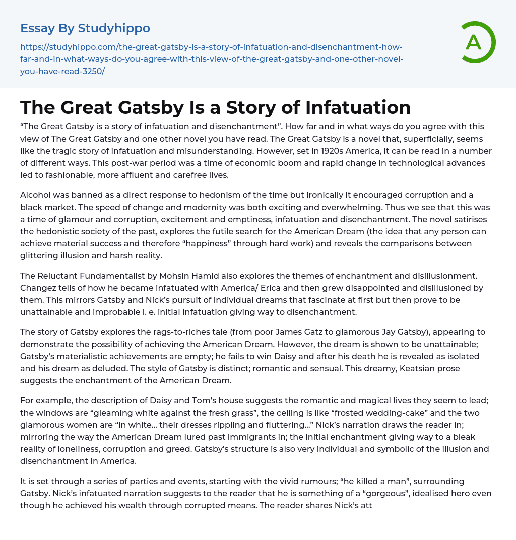 The Great Gatsby Is a Story of Infatuation Essay Example