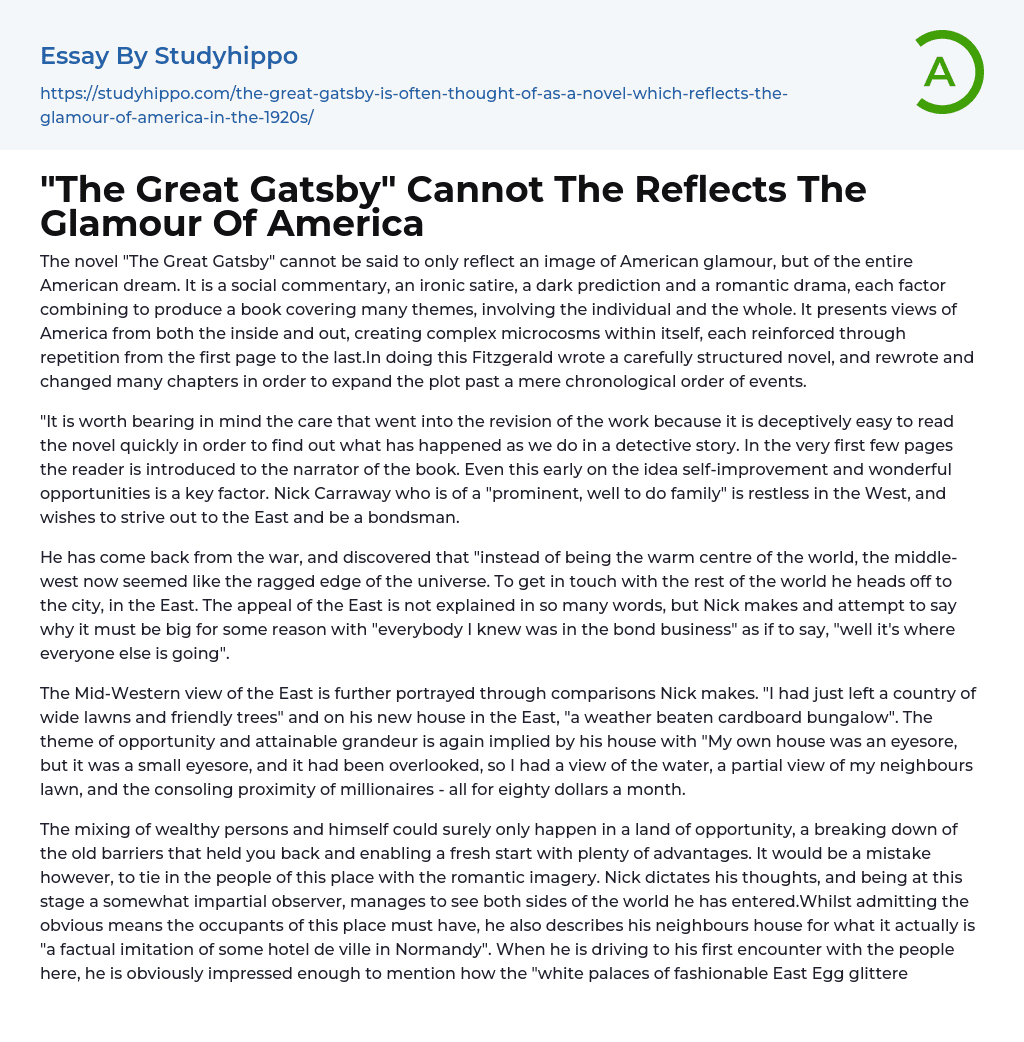 “The Great Gatsby” Cannot The Reflects The Glamour Of America Essay Example