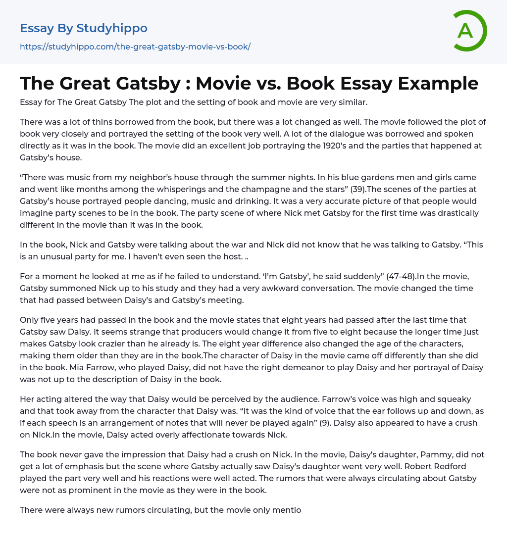 The Great Gatsby : Movie vs. Book Essay Example