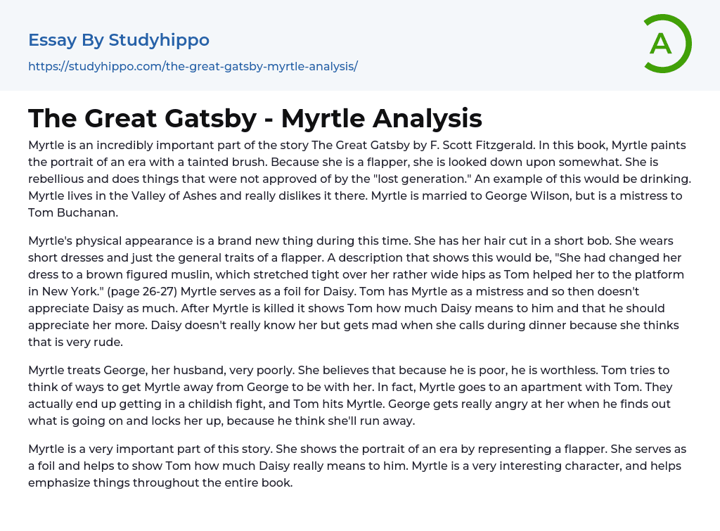 The Great Gatsby – Myrtle Analysis Essay Example