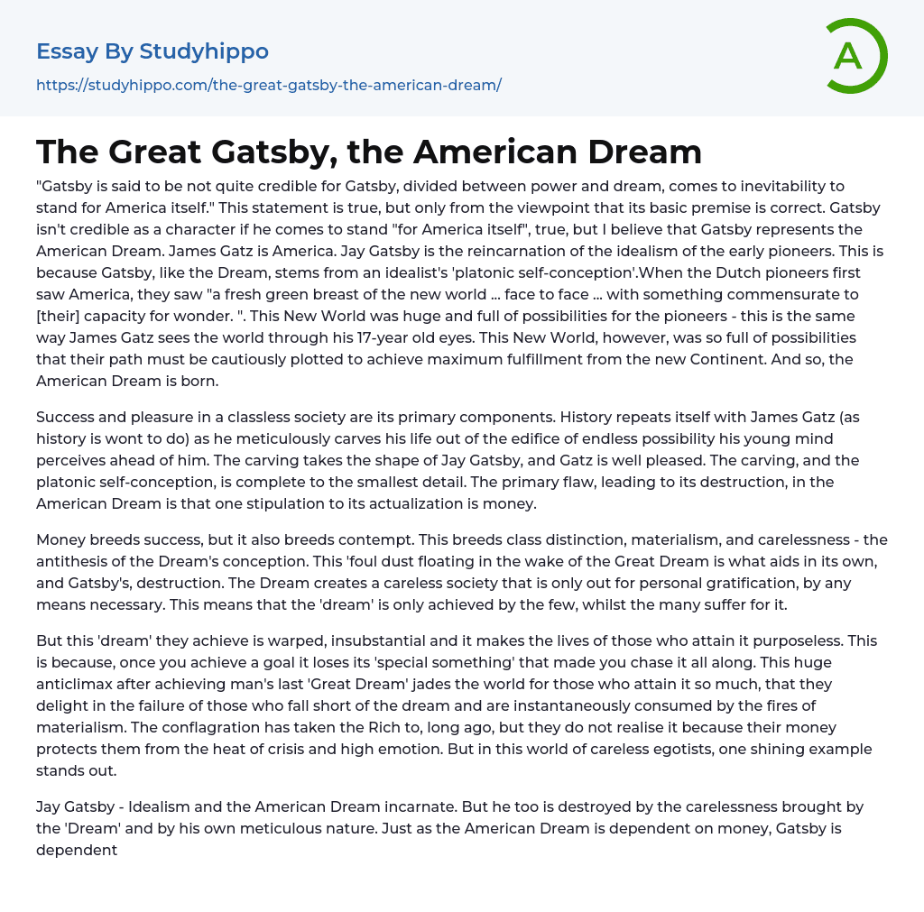 The Great Gatsby, the American Dream Essay Example