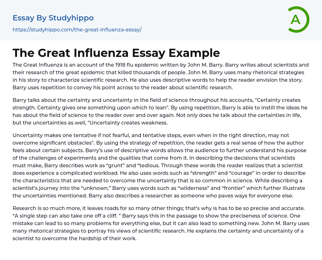 The Great Influenza Essay Example
