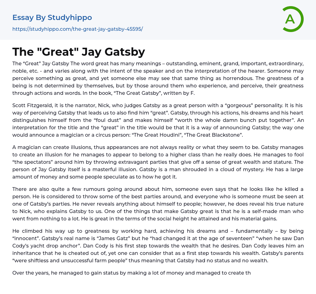 The “Great” Jay Gatsby Essay Example