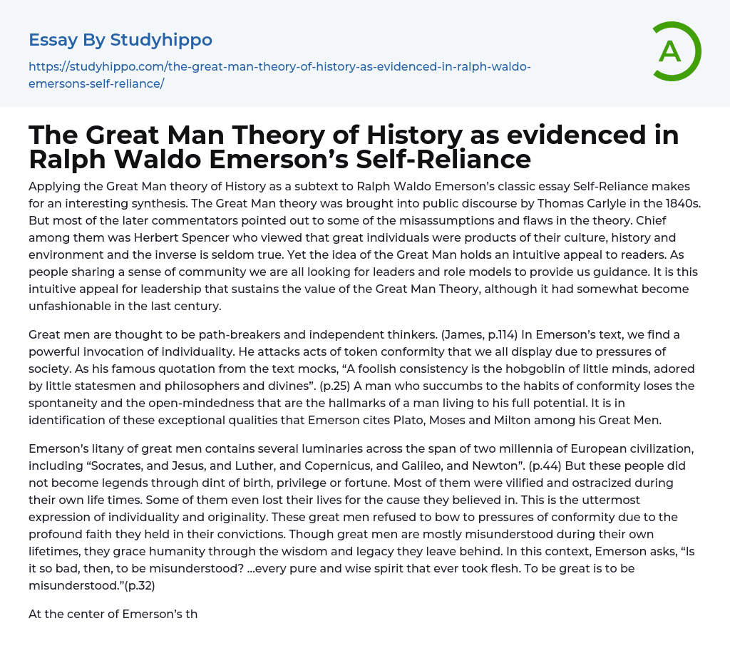 The Great Man Theory of History as evidenced in Ralph Waldo Emerson’s Self-Reliance Essay Example