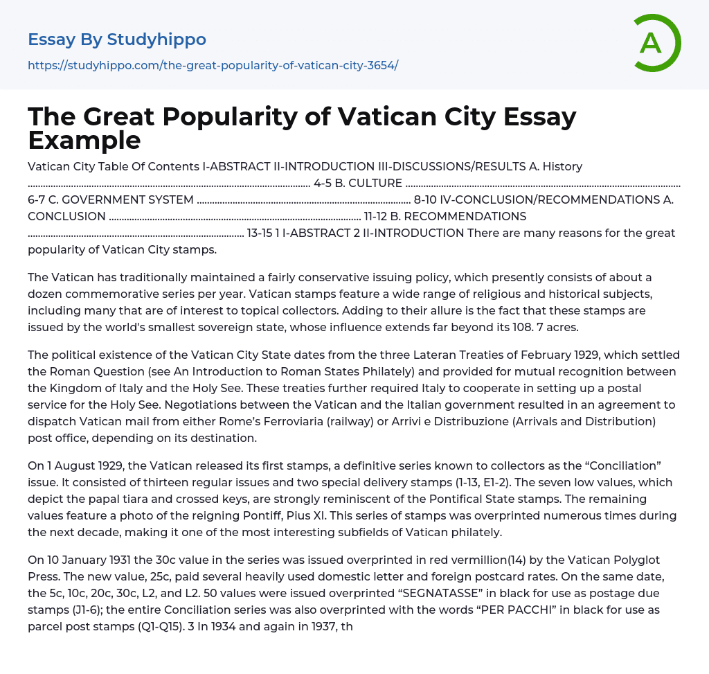 The Great Popularity of Vatican City Essay Example