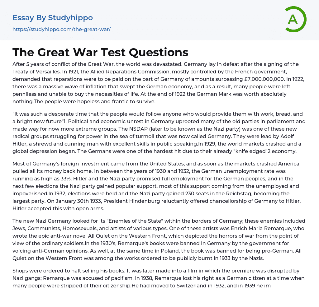 The Great War Test Questions Essay Example