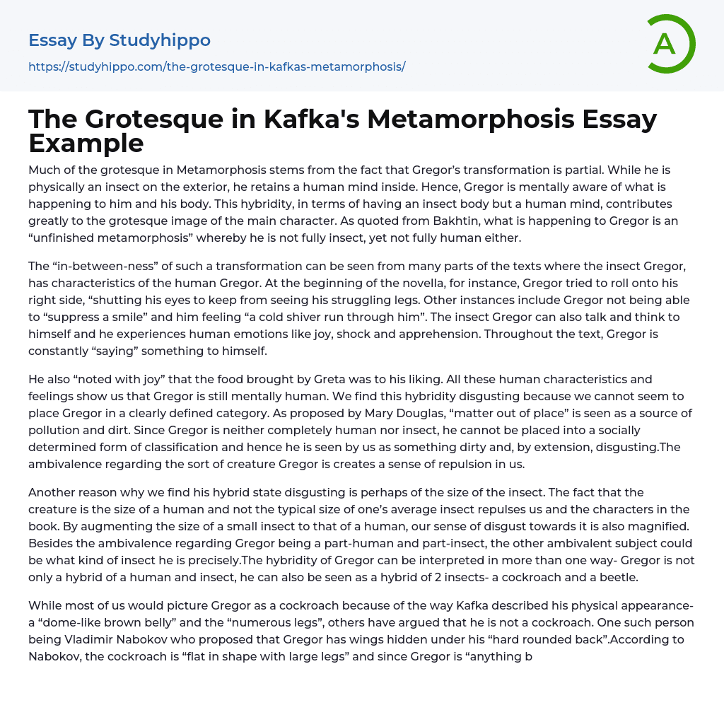 The Grotesque in Kafka’s Metamorphosis Essay Example