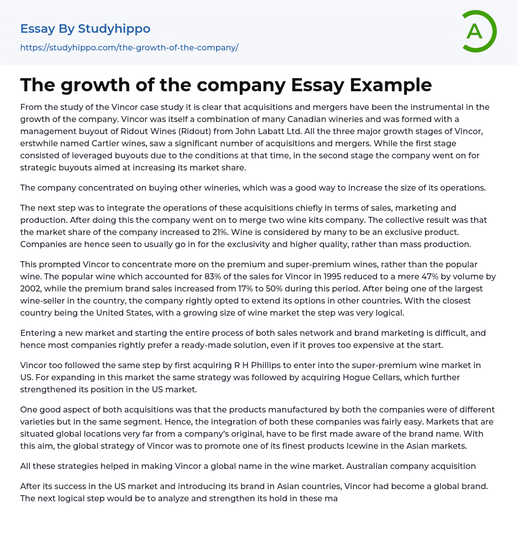 The growth of the company Essay Example