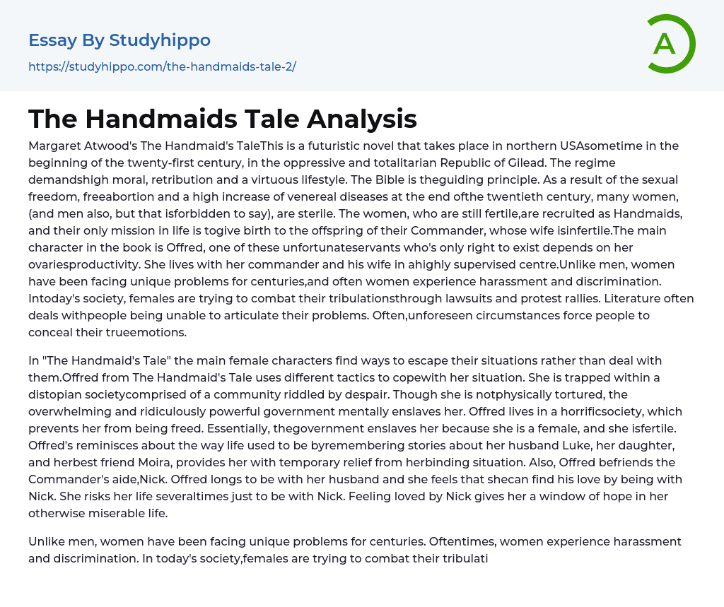 The Handmaids Tale Analysis Essay Example