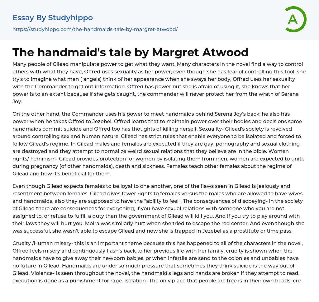 The handmaid’s tale by Margret Atwood Essay Example