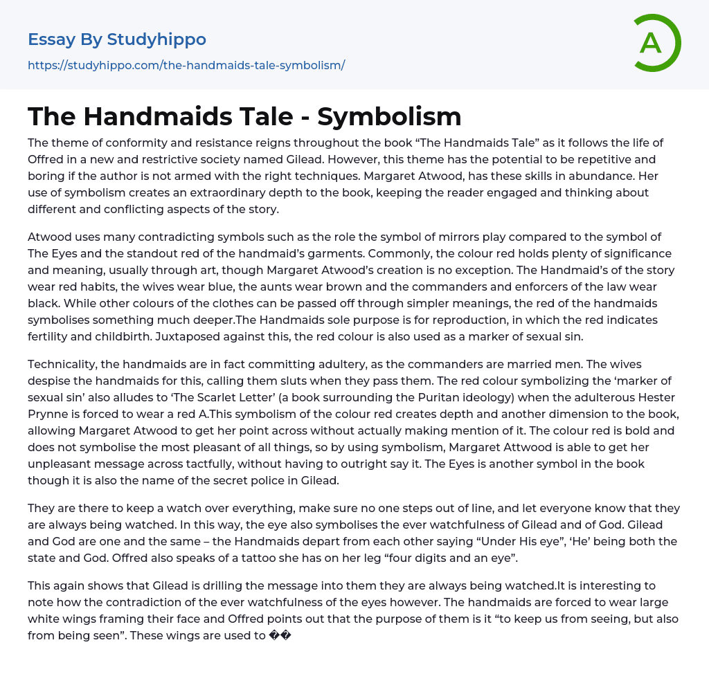 The Handmaids Tale – Symbolism Essay Example