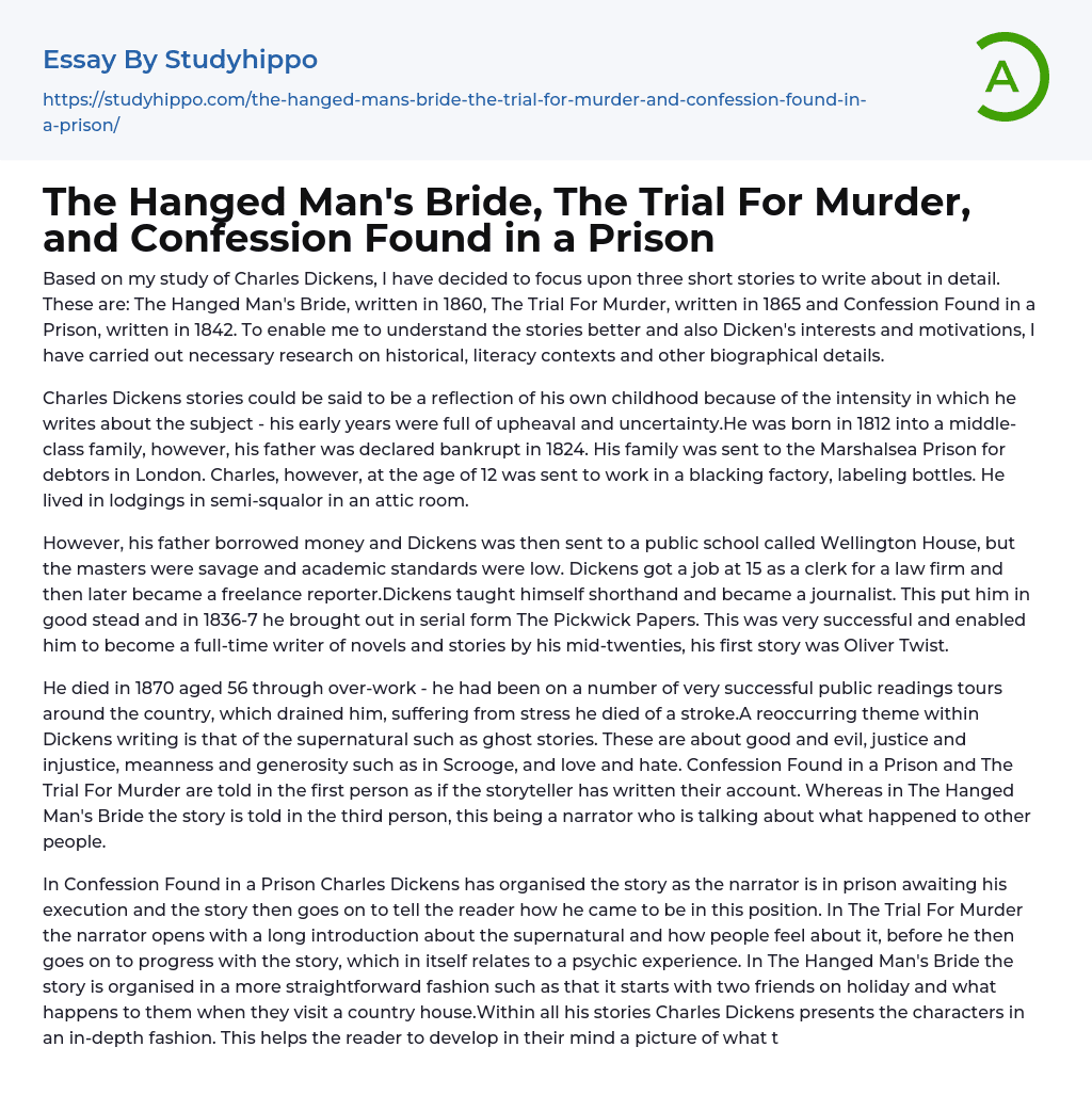 The Hanged Man’s Bride, The Trial For Murder, and Confession Found in a Prison Essay Example