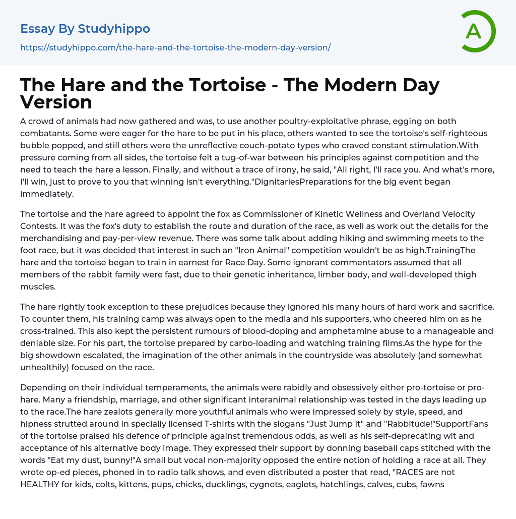 The Hare and the Tortoise – The Modern Day Version Essay Example