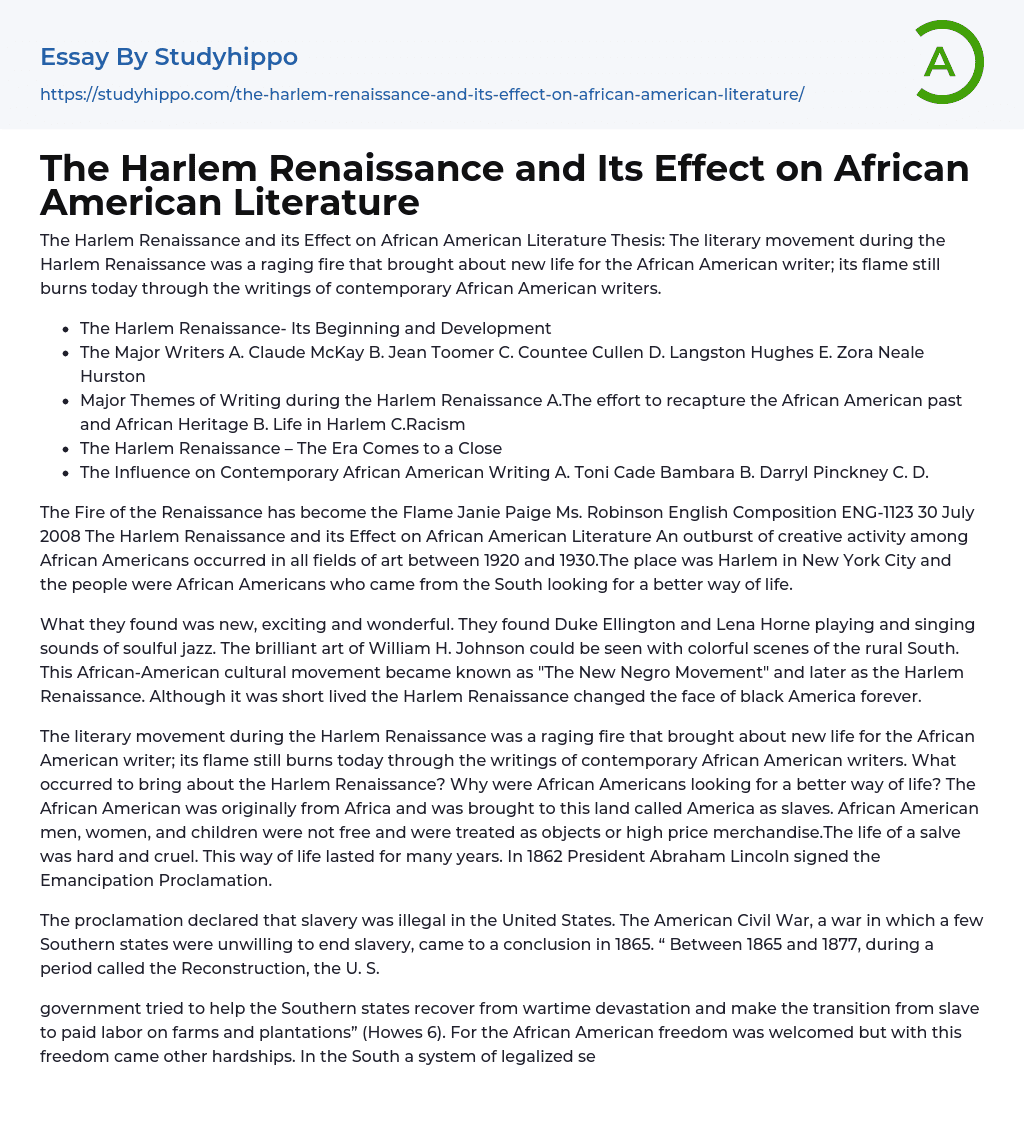 The Harlem Renaissance and Its Effect on African American Literature Essay Example