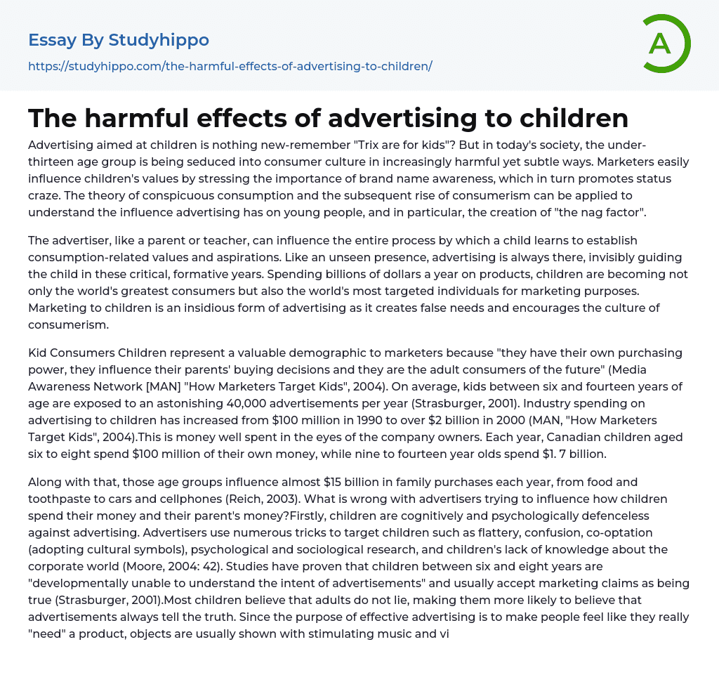 The harmful effects of advertising to children Essay Example