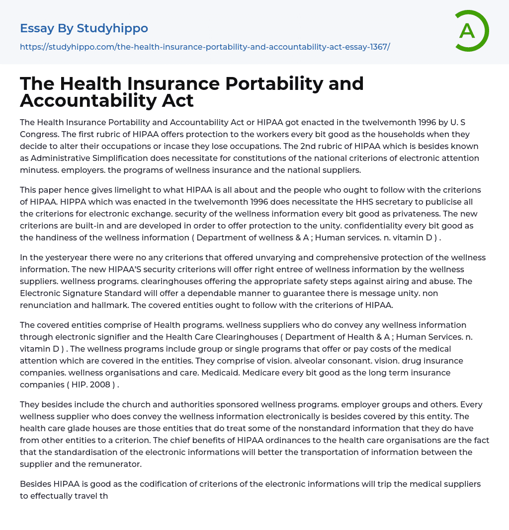 The Health Insurance Portability and Accountability Act Essay Example