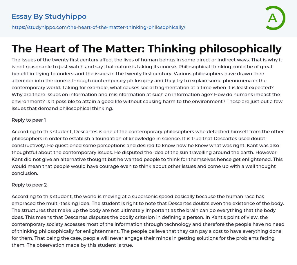 The Heart of The Matter: Thinking philosophically Essay Example