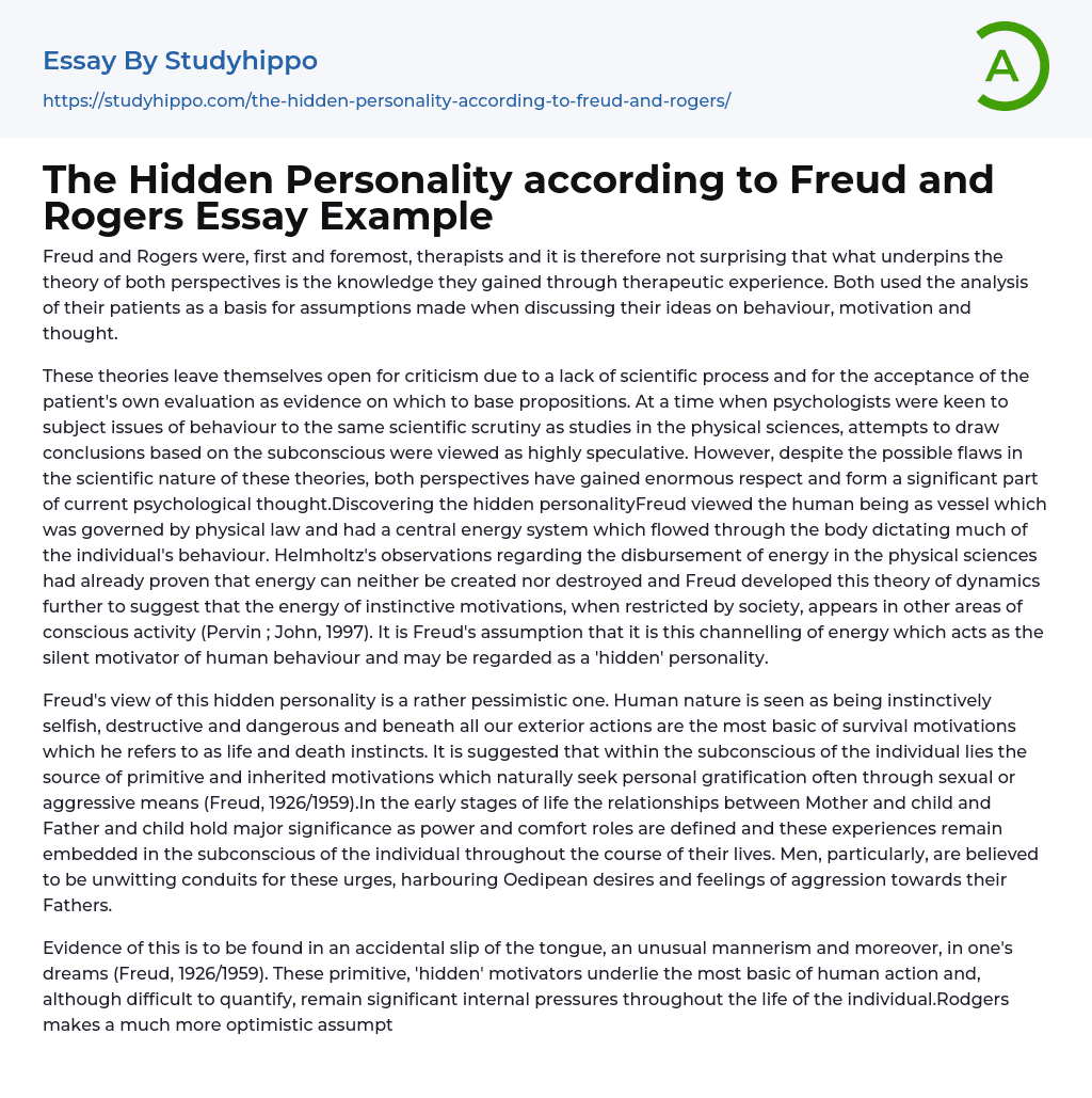 The Hidden Personality according to Freud and Rogers Essay Example
