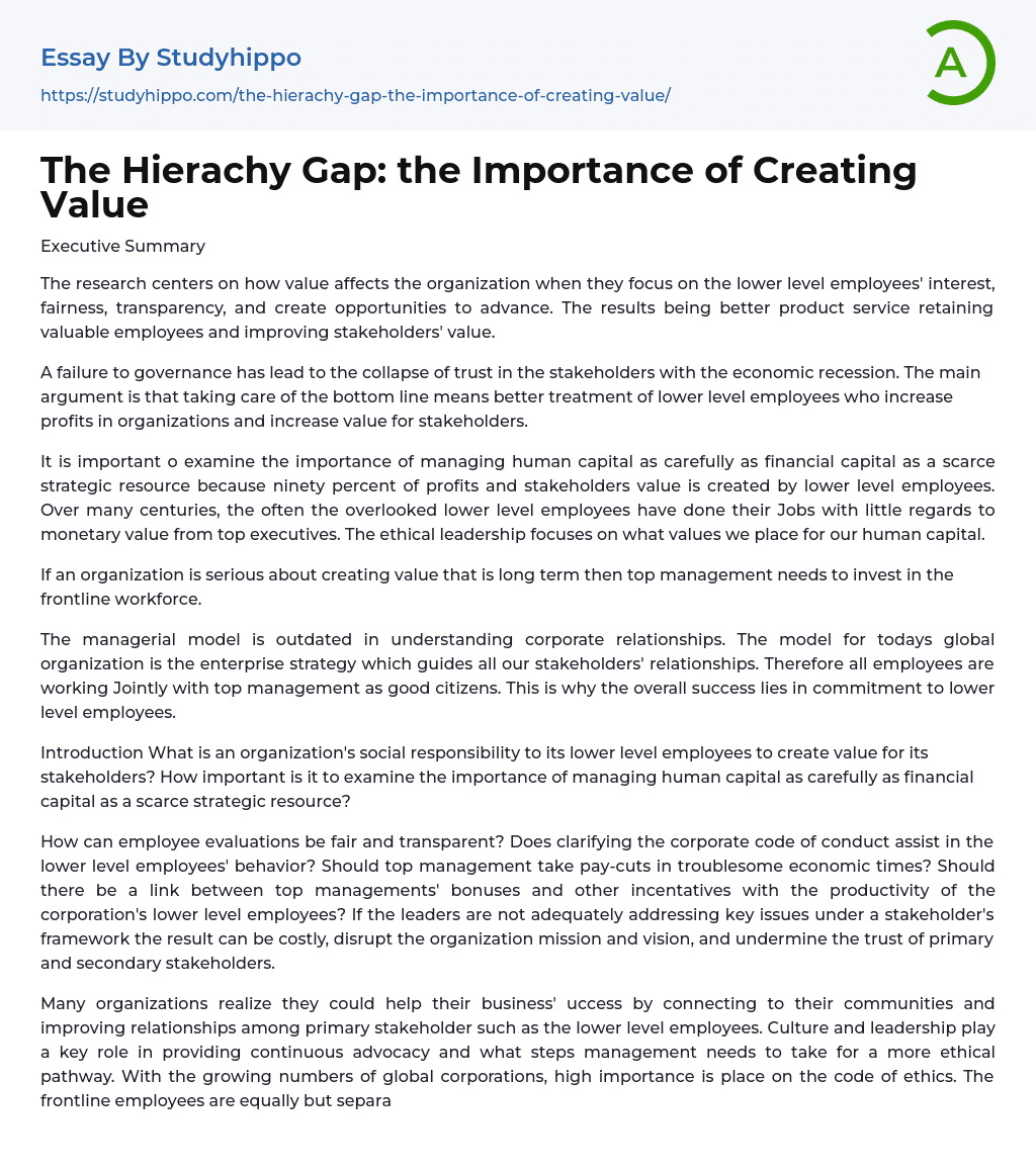 The Hierachy Gap: the Importance of Creating Value Essay Example