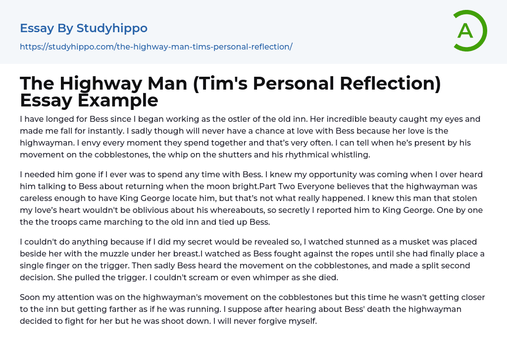 The Highway Man (Tim’s Personal Reflection) Essay Example