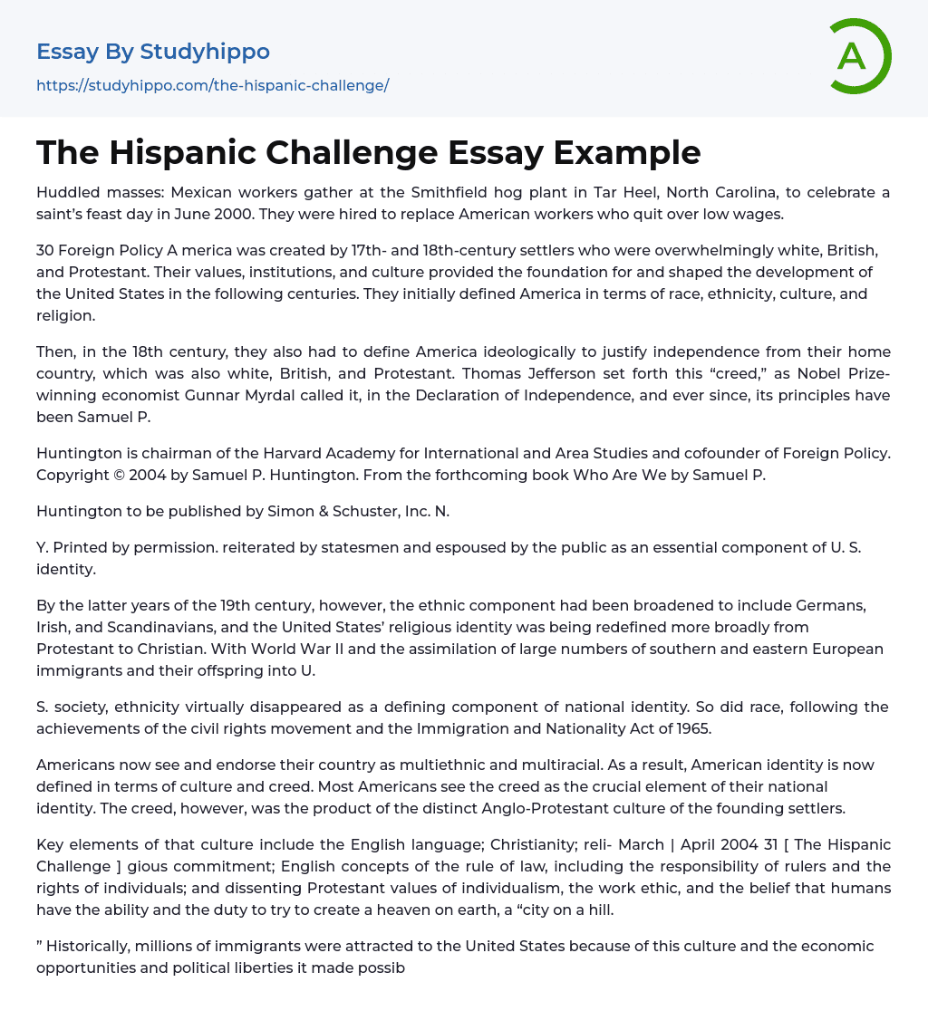 The Hispanic Challenge Essay Example