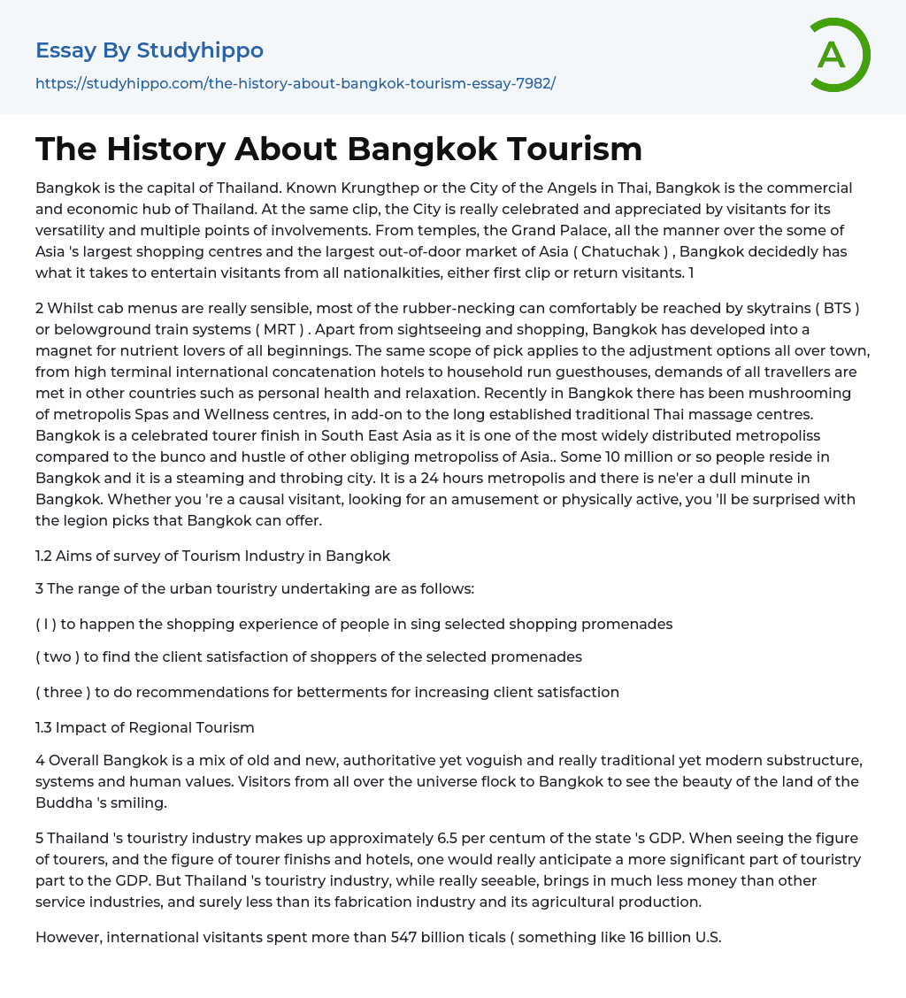 The History About Bangkok Tourism Essay Example