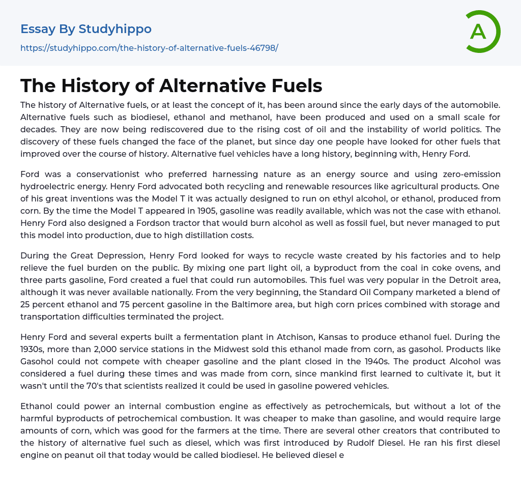 The History of Alternative Fuels Essay Example