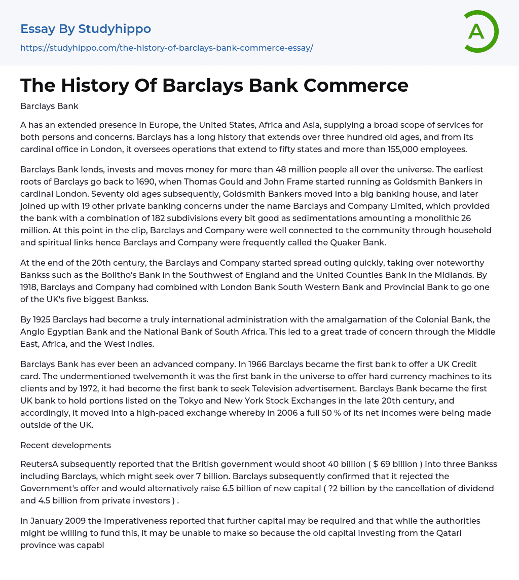 The History Of Barclays Bank Commerce Essay Example