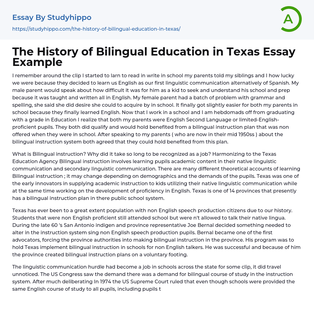 The History of Bilingual Education in Texas Essay Example