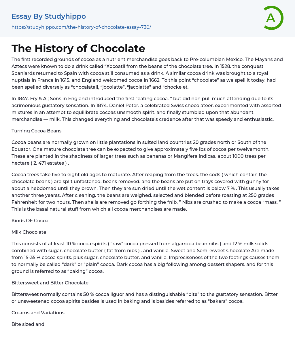 The History of Chocolate Essay Example