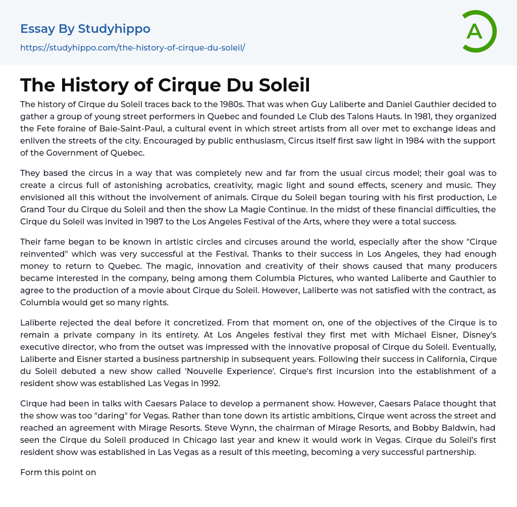 The History of Cirque Du Soleil Essay Example
