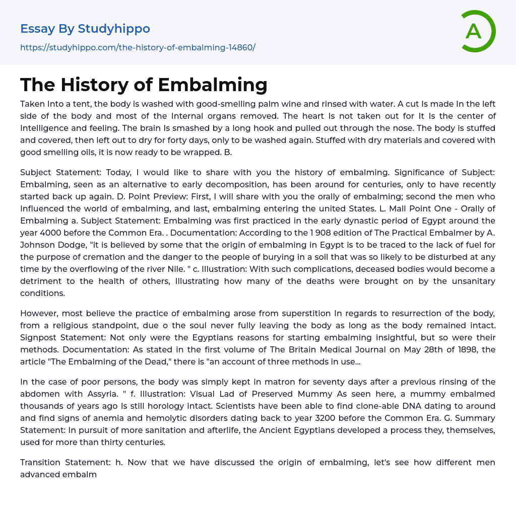 The History of Embalming Essay Example