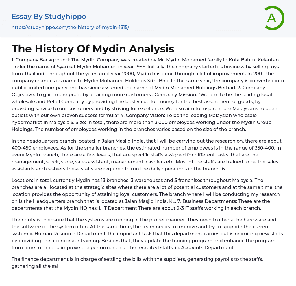 The History Of Mydin Analysis Essay Example